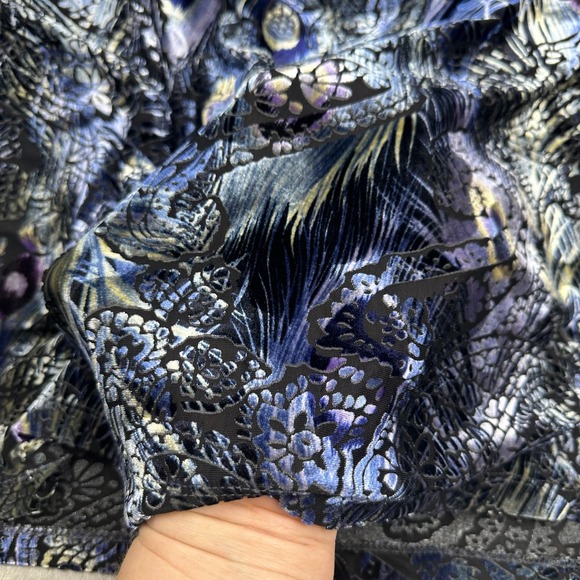 VTG Velvet Burnout Peacock Feather Print Stretch Top XL - Picture 4 of 13